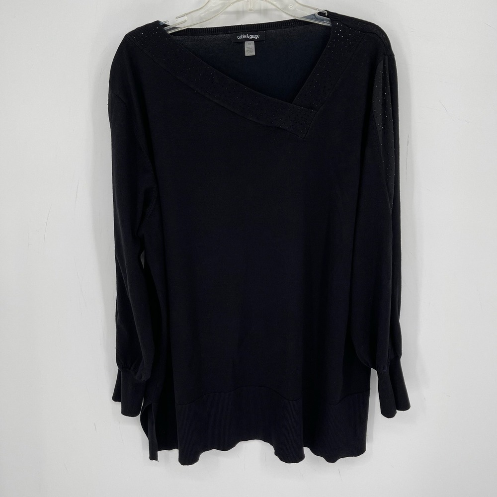 Cable & Gauge Women's Black Studded Asymmetric Neck Tunic Sweater Plus Size 3X